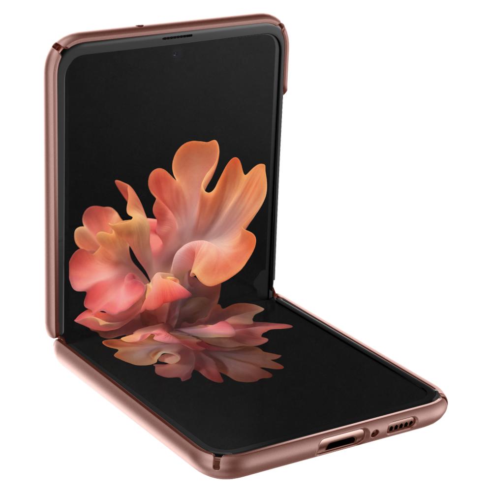 ACS02174 - Galaxy Z Flip Case Thin Fit in bronze showing the front of phone and folded to 90 degrees