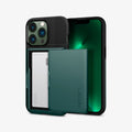 ACS04561 - iPhone 13 Pro Case Slim Armor CS in midnight green showing the back and front with card in slot