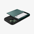 ACS04563 - iPhone 13 Case Slim Armor CS in midnight green showing the back, side and top with card in slot