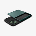 ACS04563 - iPhone 13 Case Slim Armor CS in midnight green showing the back, side and top with card slot open