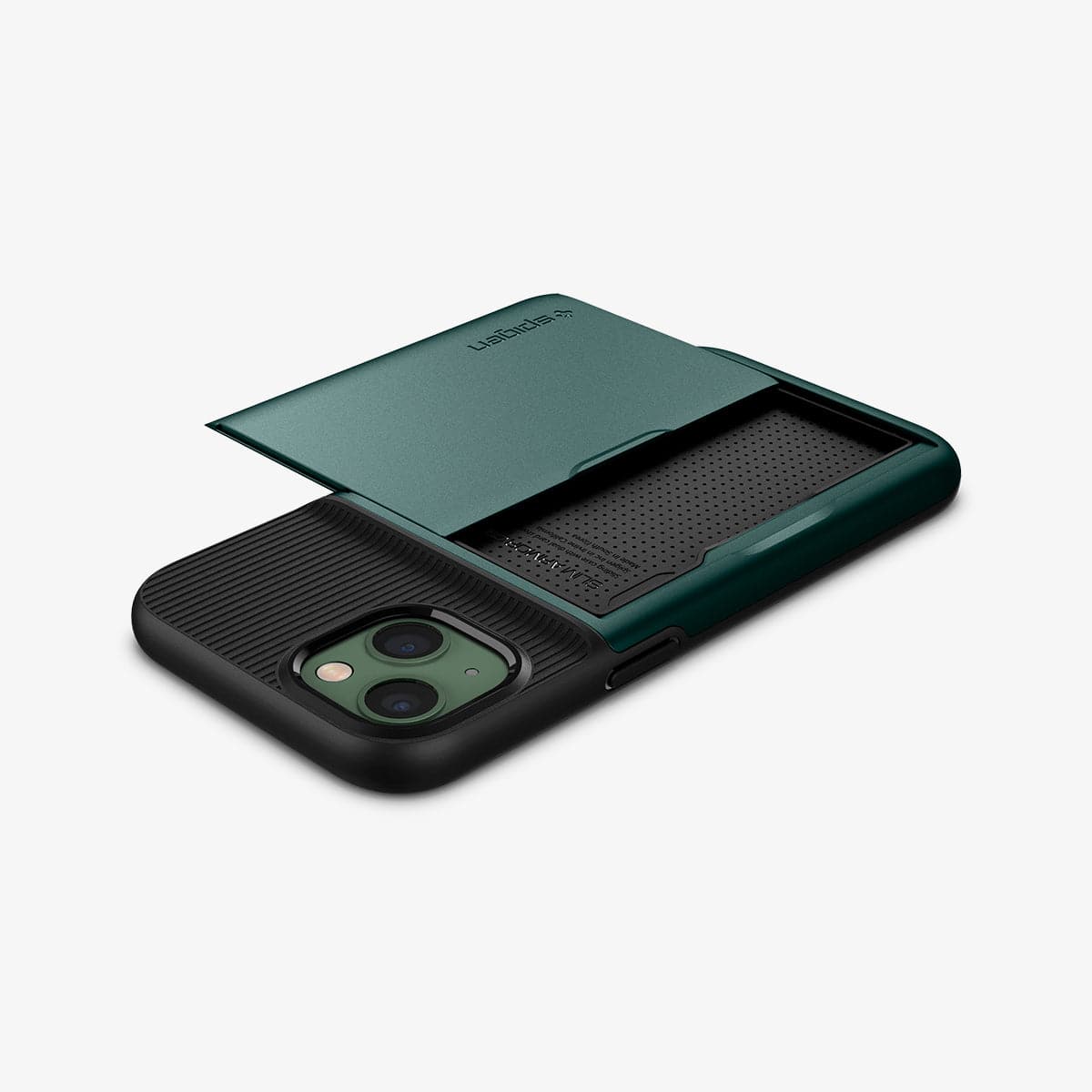ACS04563 - iPhone 13 Case Slim Armor CS in midnight green showing the back, side and top with card slot open