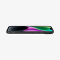 ACS05037 - iPhone 14 Case Liquid Air in matte black showing the front and side with device laying flat