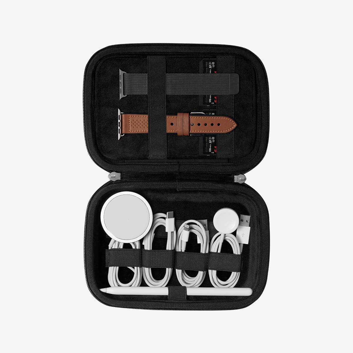 AFA04536 - Rugged Armor® Pro Cable Organizer Bag in black showing the inside with cables, stylus pen and watch bands organized within straps