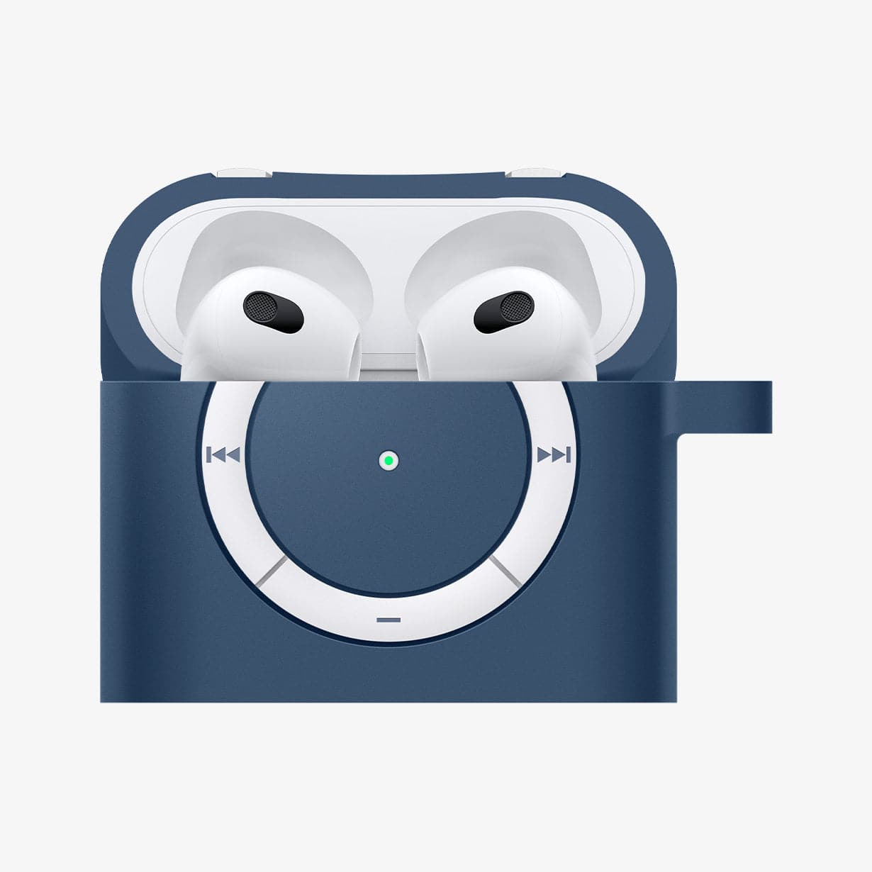 ASD02216 - Apple AirPods 3 Case Classic Shuffle in deep blue showing the front with top open and AirPods inside