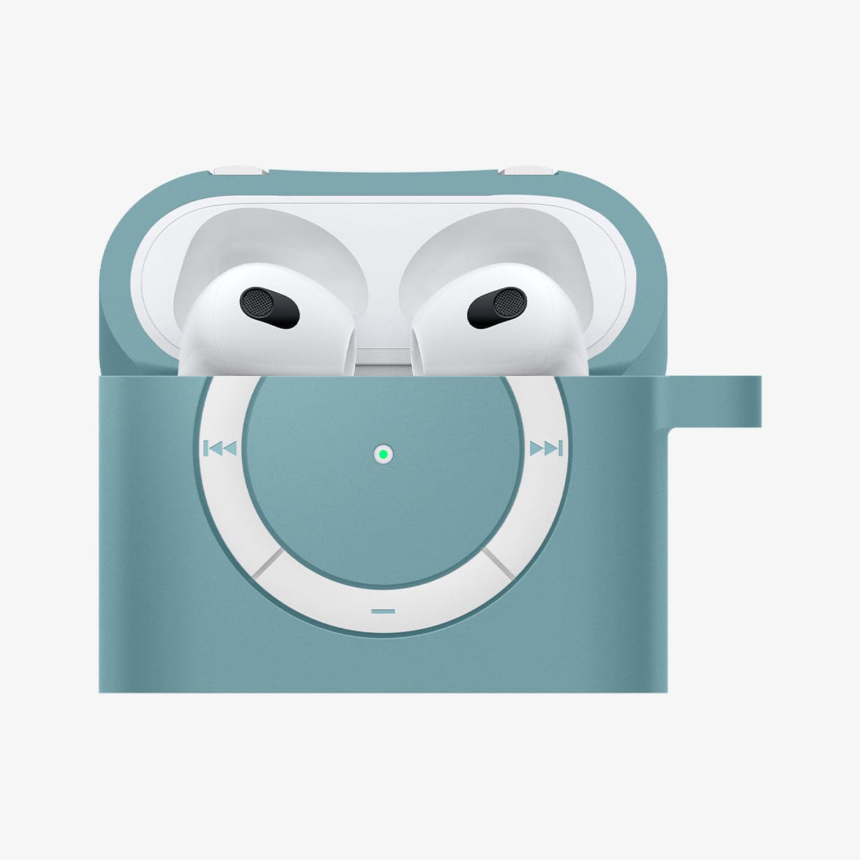 ASD02215 - Apple AirPods 3 Case Classic Shuffle in cactus green showing the front with top open and AirPods inside