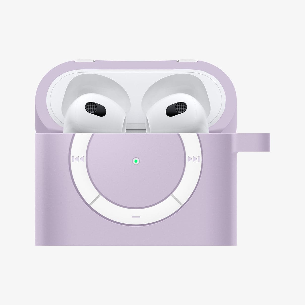 ASD02214 - Apple AirPods 3 Case Classic Shuffle in lavender showing the front with top open and AirPods inside