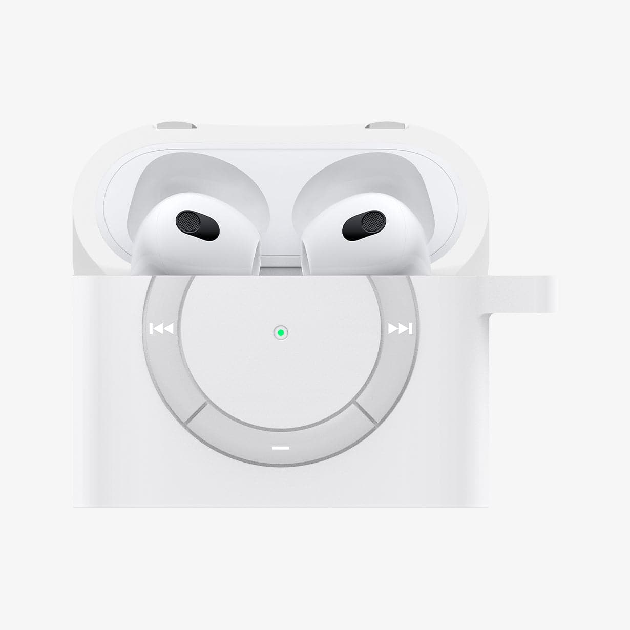ASD02213 - Apple AirPods 3 Case Classic Shuffle in white showing the front with top open and AirPods inside