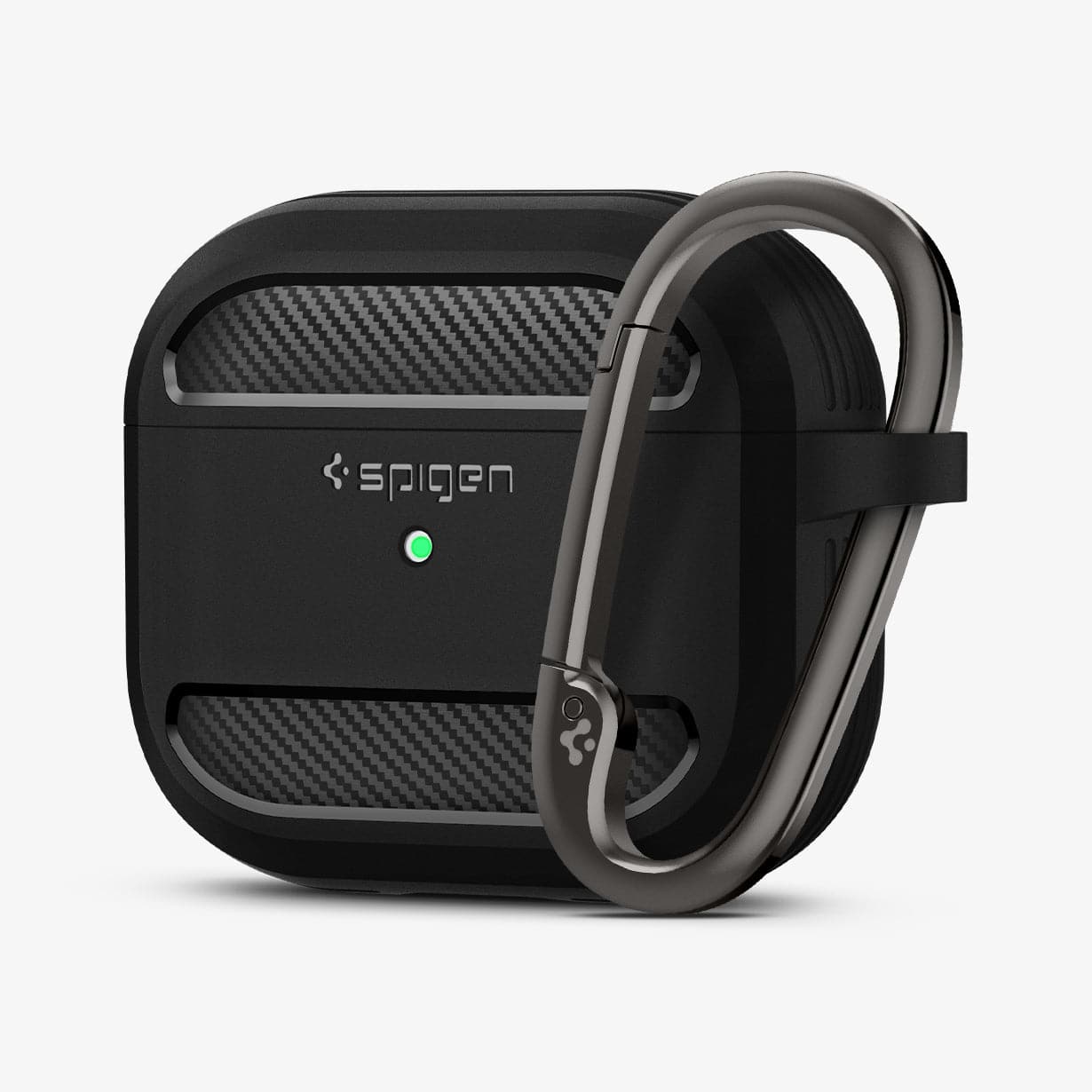 ASD01978 - Apple AirPods 3 Case Rugged Armor in black showing the front and carabiner