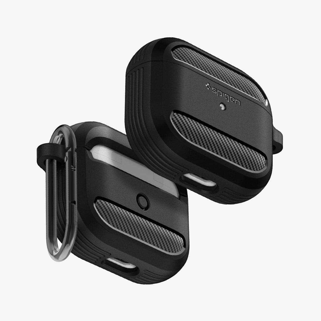 ASD01978 - Apple AirPods 3 Case Rugged Armor in black showing the front, back and bottom with carabiner