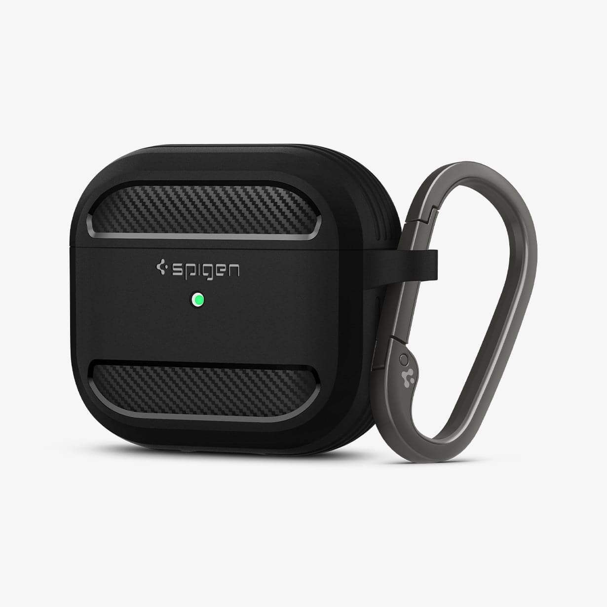 ASD01978 - Apple AirPods 3 Case Rugged Armor in black showing the front and side with carabiner