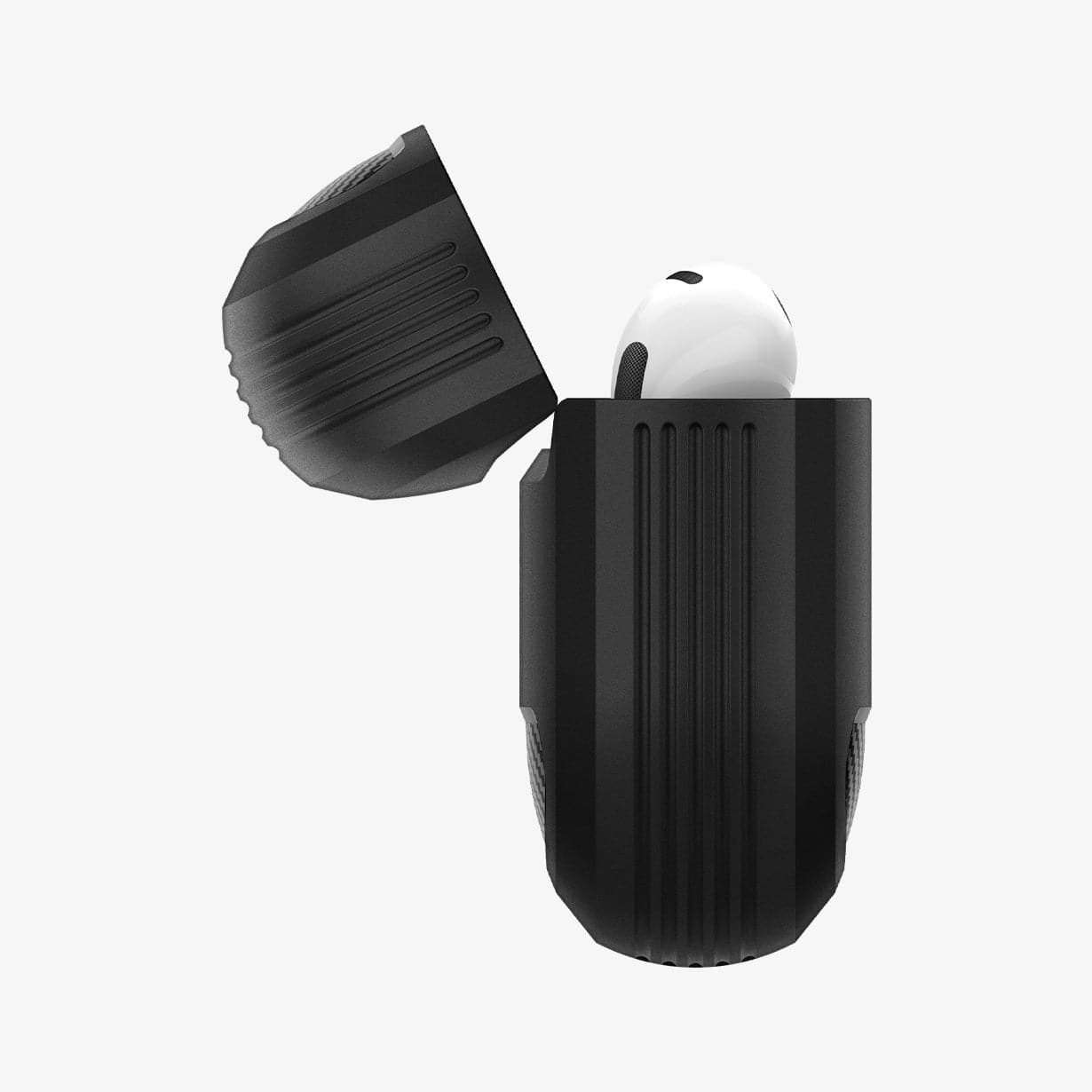ASD01978 - Apple AirPods 3 Case Rugged Armor in black showing the side with top open and AirPods inside