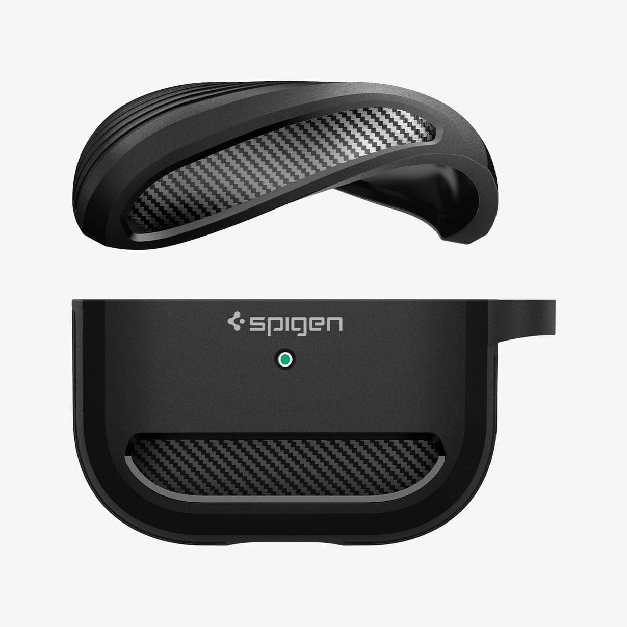 ASD01978 - Apple AirPods 3 Case Rugged Armor in black showing the top bending and hovering above the bottom of case