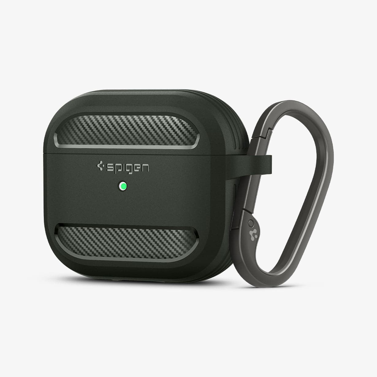 ASD01979 - Apple AirPods 3 Case Rugged Armor in military green showing the front and side with carabiner