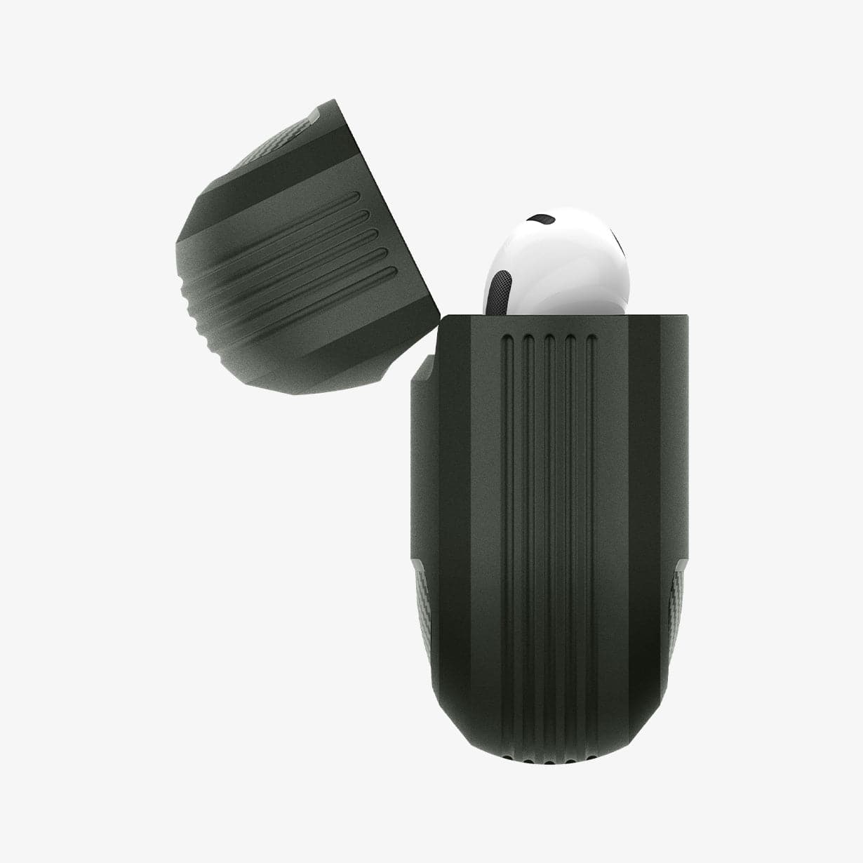 ASD01979 - Apple AirPods 3 Case Rugged Armor in military green showing the side with top open and AirPods inside