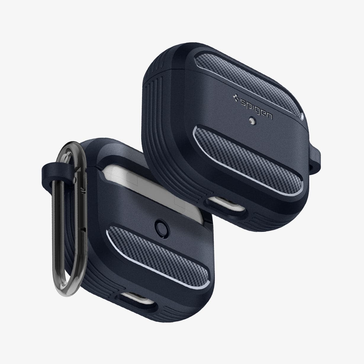ASD01980 - Apple AirPods 3 Case Rugged Armor in charcoal gray showing the front, back and bottom with carabiner