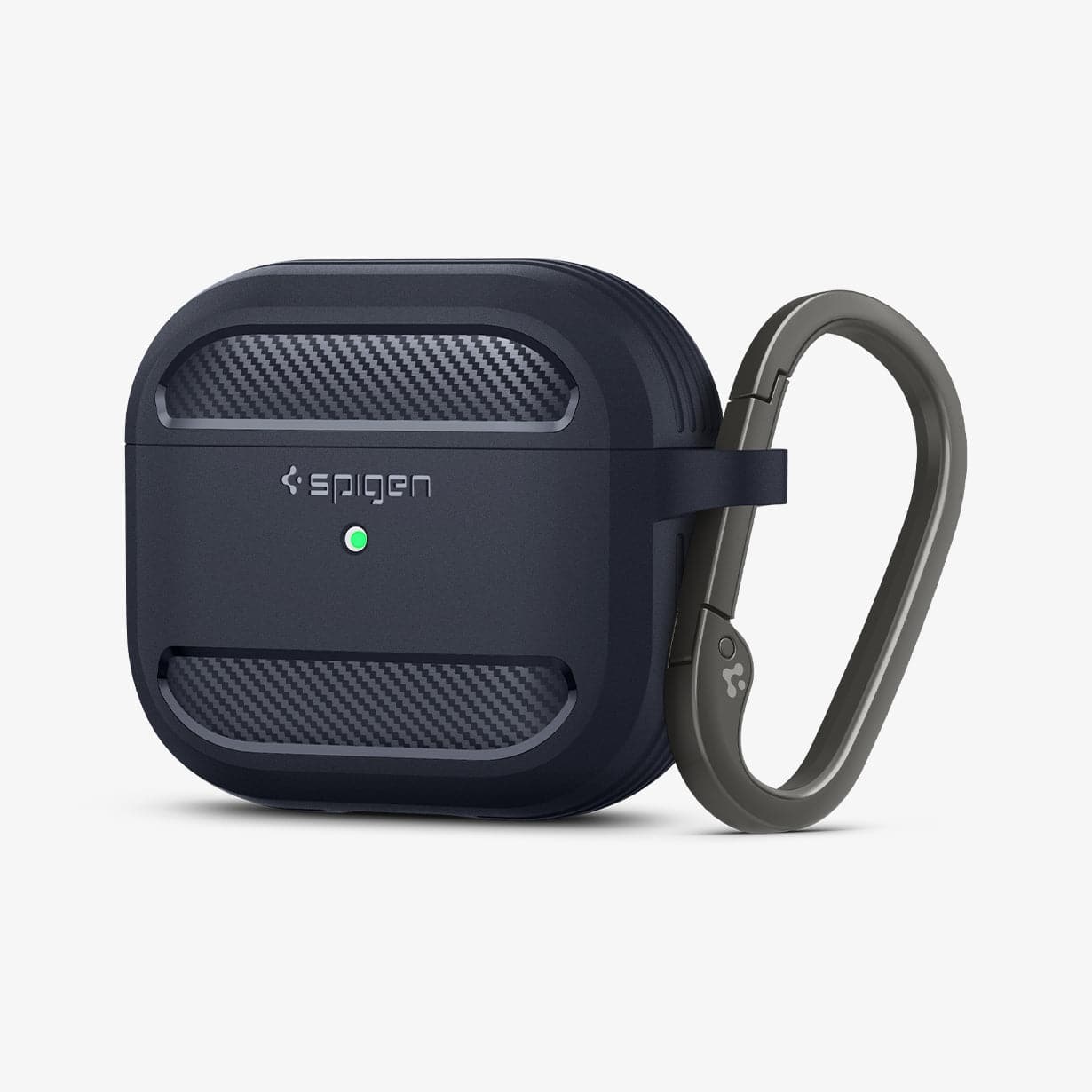 ASD01980 - Apple AirPods 3 Case Rugged Armor in charcoal gray showing the front and side with carabiner