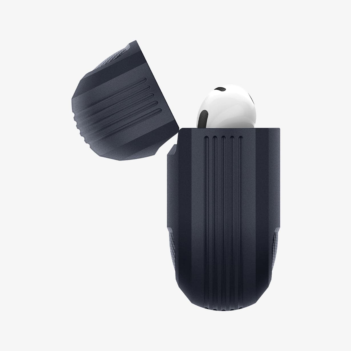 ASD01980 - Apple AirPods 3 Case Rugged Armor in charcoal gray showing the side with top open and AirPods inside
