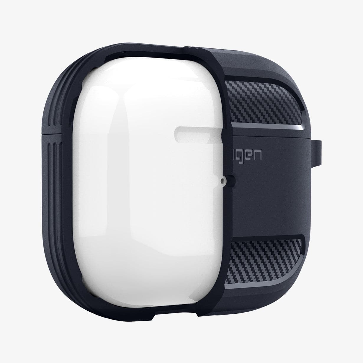 ASD01980 - Apple AirPods 3 Case Rugged Armor in charcoal gray showing the front with case cut half open