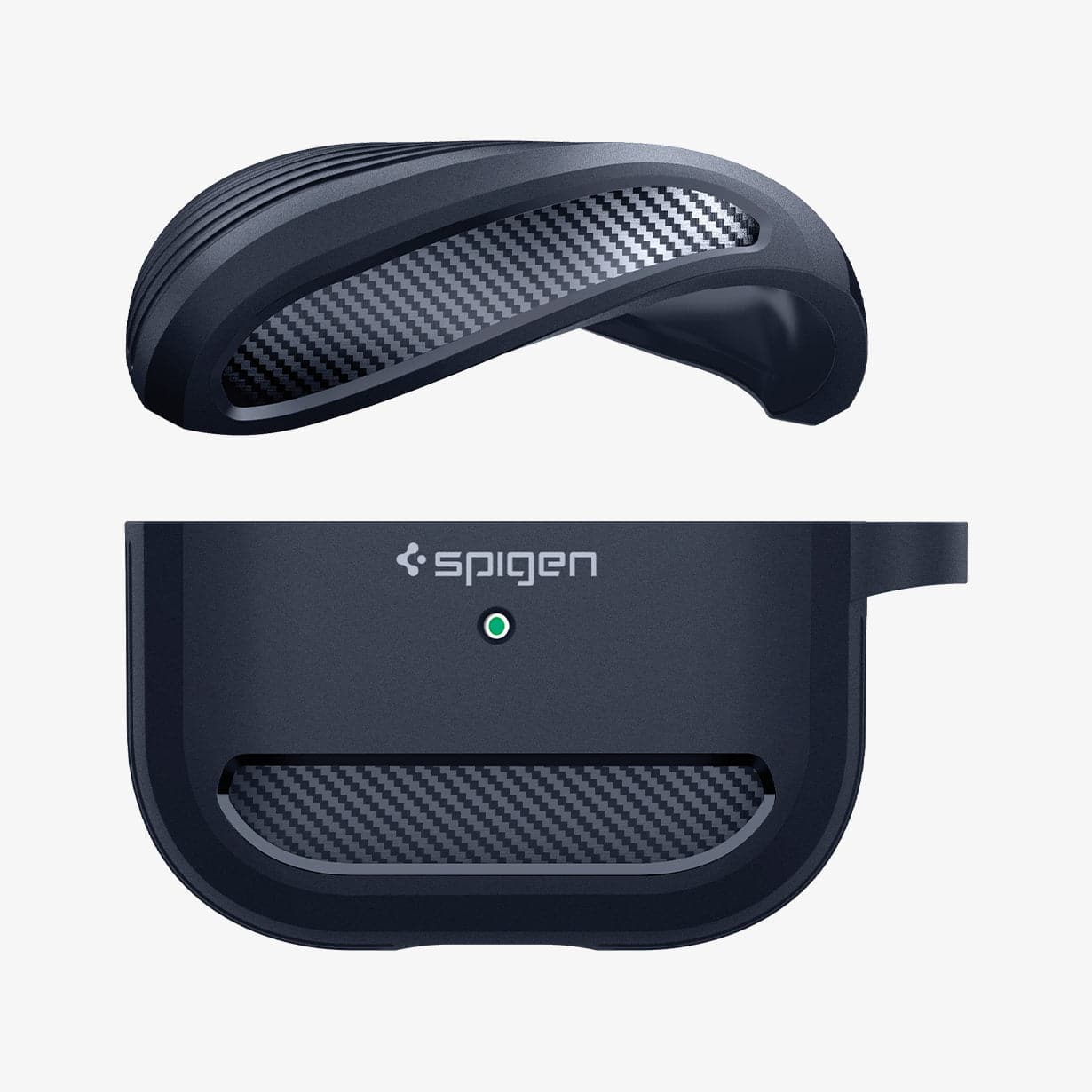 ASD01980 - Apple AirPods 3 Case Rugged Armor in charcoal gray showing the top bending and hovering above the bottom of case