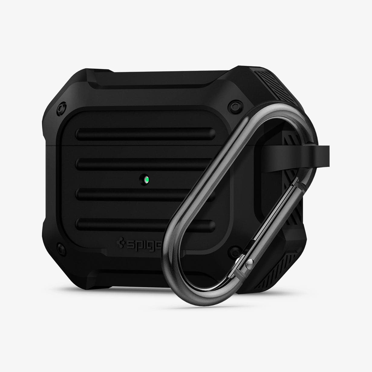 ASD00537 - Apple AirPods Pro Case Tough Armor in black showing the front, side and carabiner