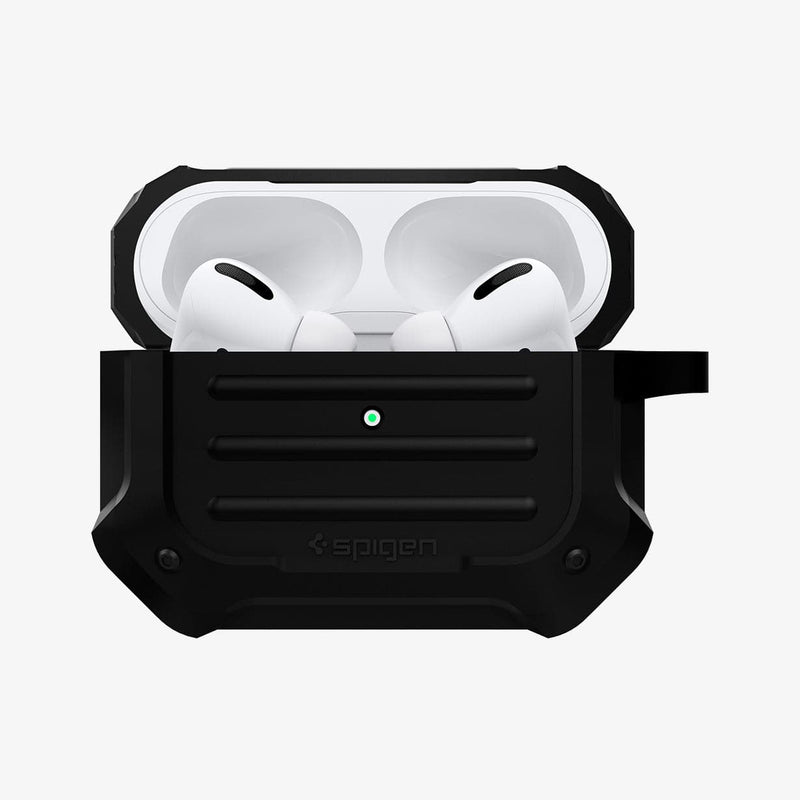ASD00537 - Apple AirPods Pro Case Tough Armor in black showing the front with top open and AirPods inside