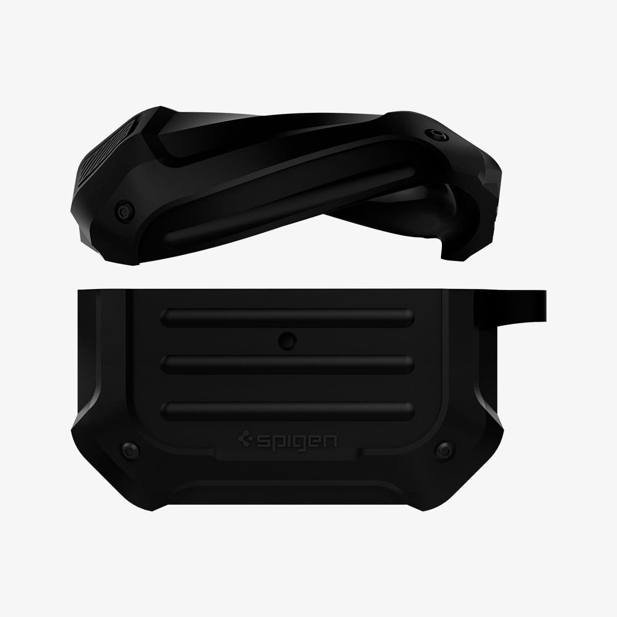 ASD00537 - Apple AirPods Pro Case Tough Armor in black showing the front with top half of case bending and hovering above the bottom half