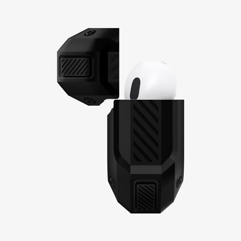 ASD00537 - Apple AirPods Pro Case Tough Armor in black showing the side with top open and AirPods inside