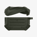 ASD00539 - Apple AirPods Pro Case Tough Armor in military green showing the front with top half of case bending and hovering above the bottom half