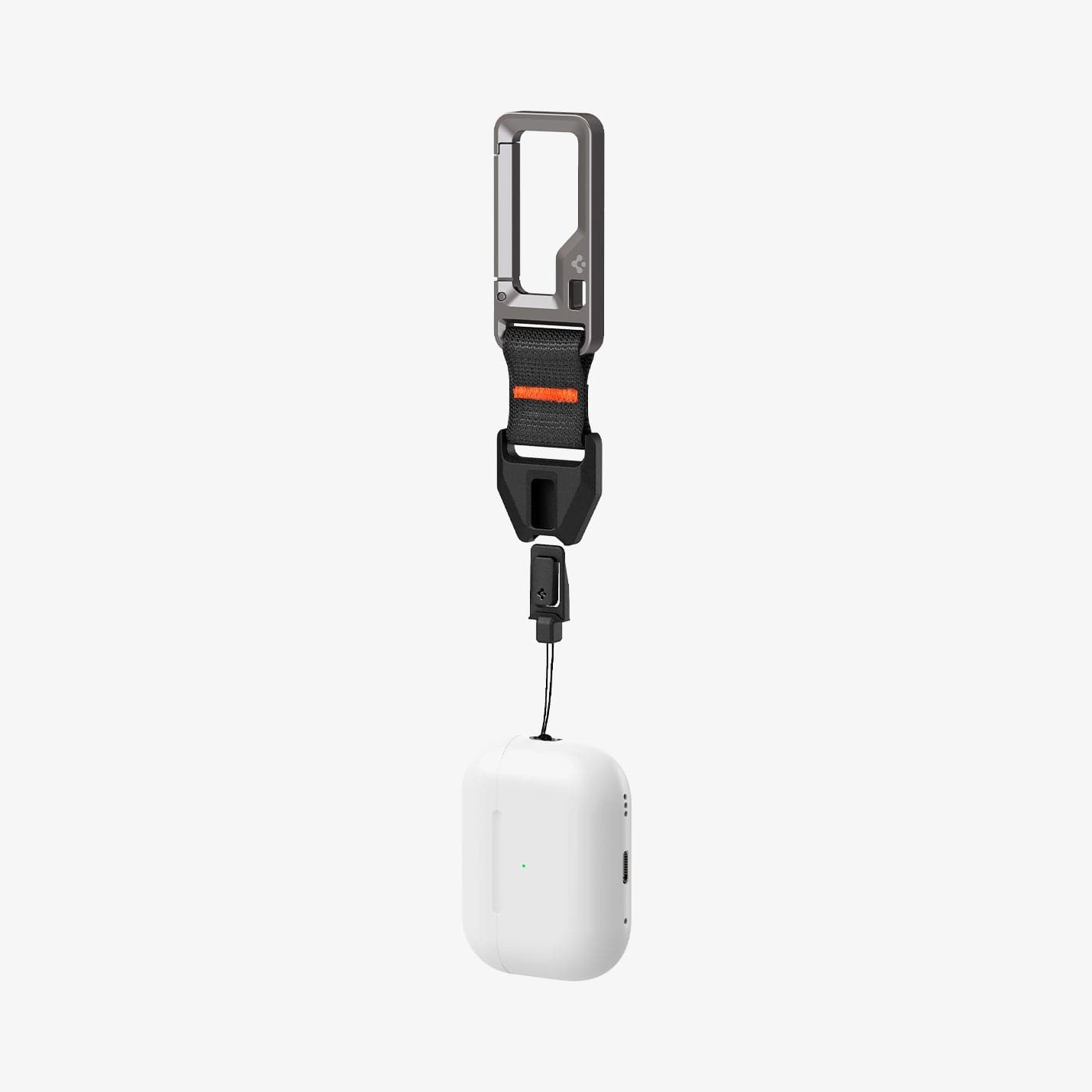 ASD05861 - AirPods Pro 2 Lanyard Carabiner in black showing the front and side with AirPods connected