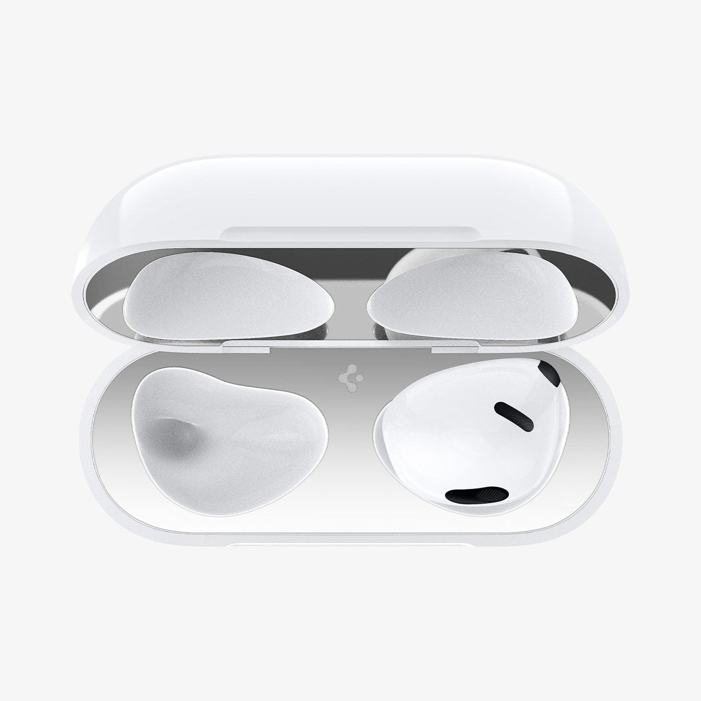 ASD01986 - Apple Airpods 3 Shine Shield in metallic silver showing the top view with only one AirPods inside