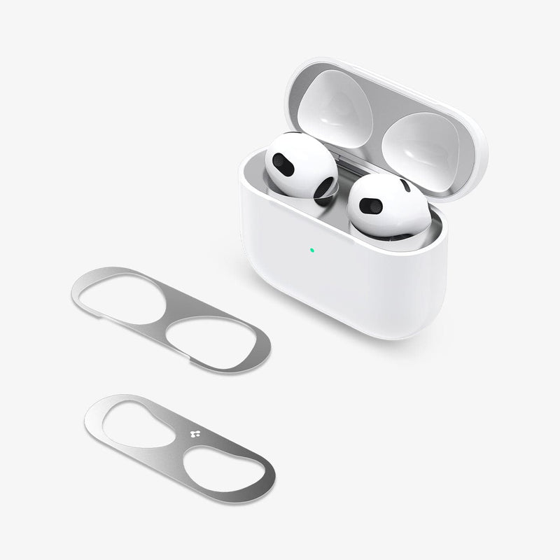ASD01986 - Apple Airpods 3 Shine Shield in metallic silver showing the two components of shine shield outside and also installed onto AirPods