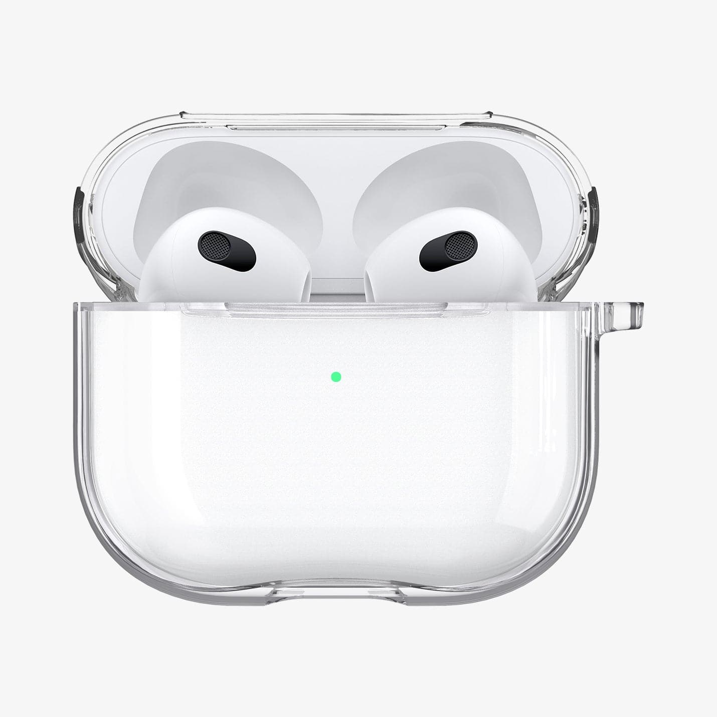 ASD01981 - Apple AirPods 3 Case Ultra Hybrid in crystal clear showing the front with top open and AirPods inside