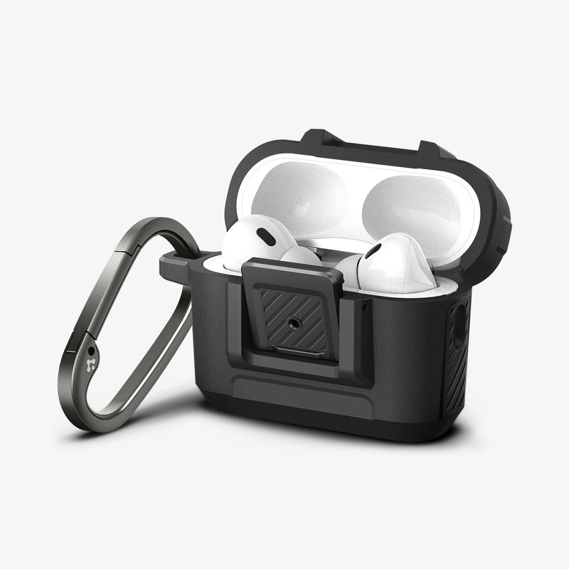 ACS05485 - Apple AirPods Pro 2 Case Lock Fit in matte black showing the front, side with carabiner and top open with AirPods inside