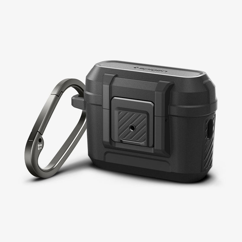 ACS05485 - Apple AirPods Pro 2 Case Lock Fit in matte black showing the front and side with carabiner