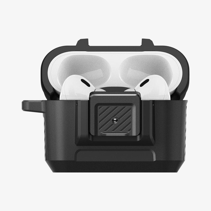 ACS05485 - Apple AirPods Pro 2 Case Lock Fit in matte black showing the front with top open and AirPods inside