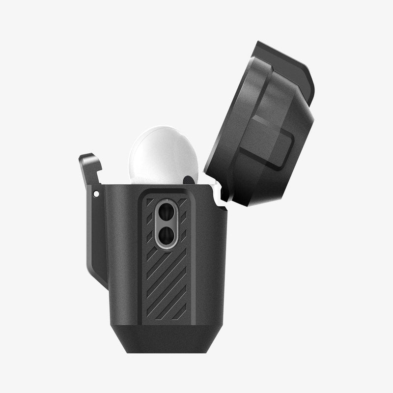 ACS05485 - Apple AirPods Pro 2 Case Lock Fit in matte black showing the side with top open and AirPods inside