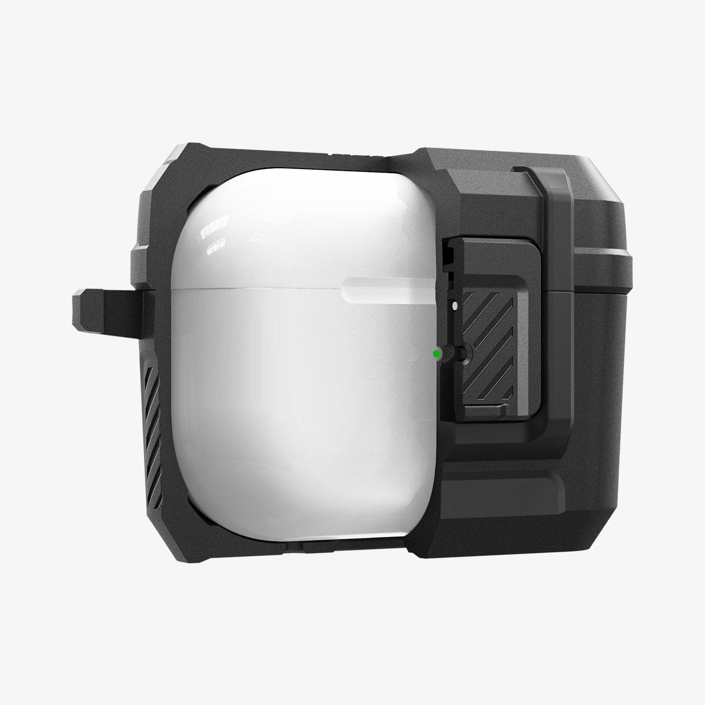 ACS05485 - Apple AirPods Pro 2 Case Lock Fit in matte black showing the front with case half cut open