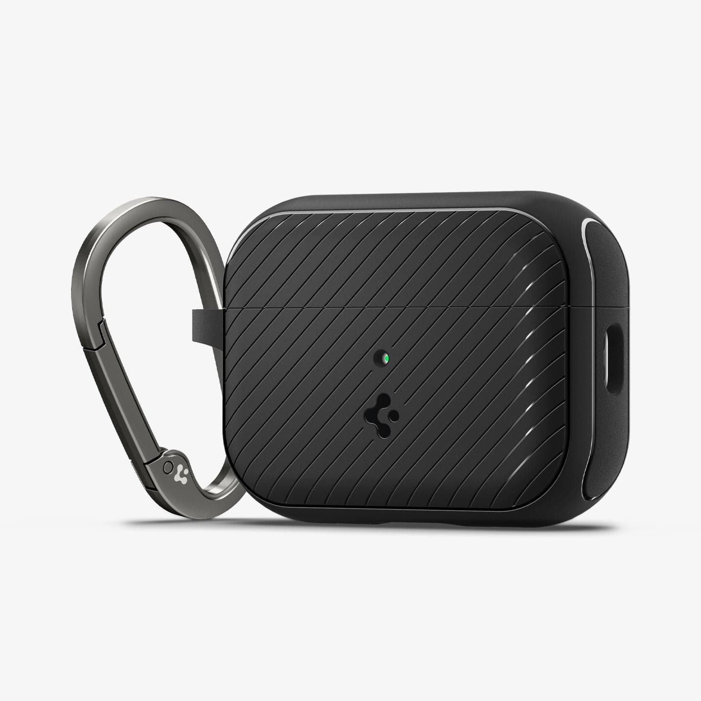 ACS05484 - Apple AirPods Pro 2 Case Mag Armor (MagFit) in matte black showing the front and side with carabiner