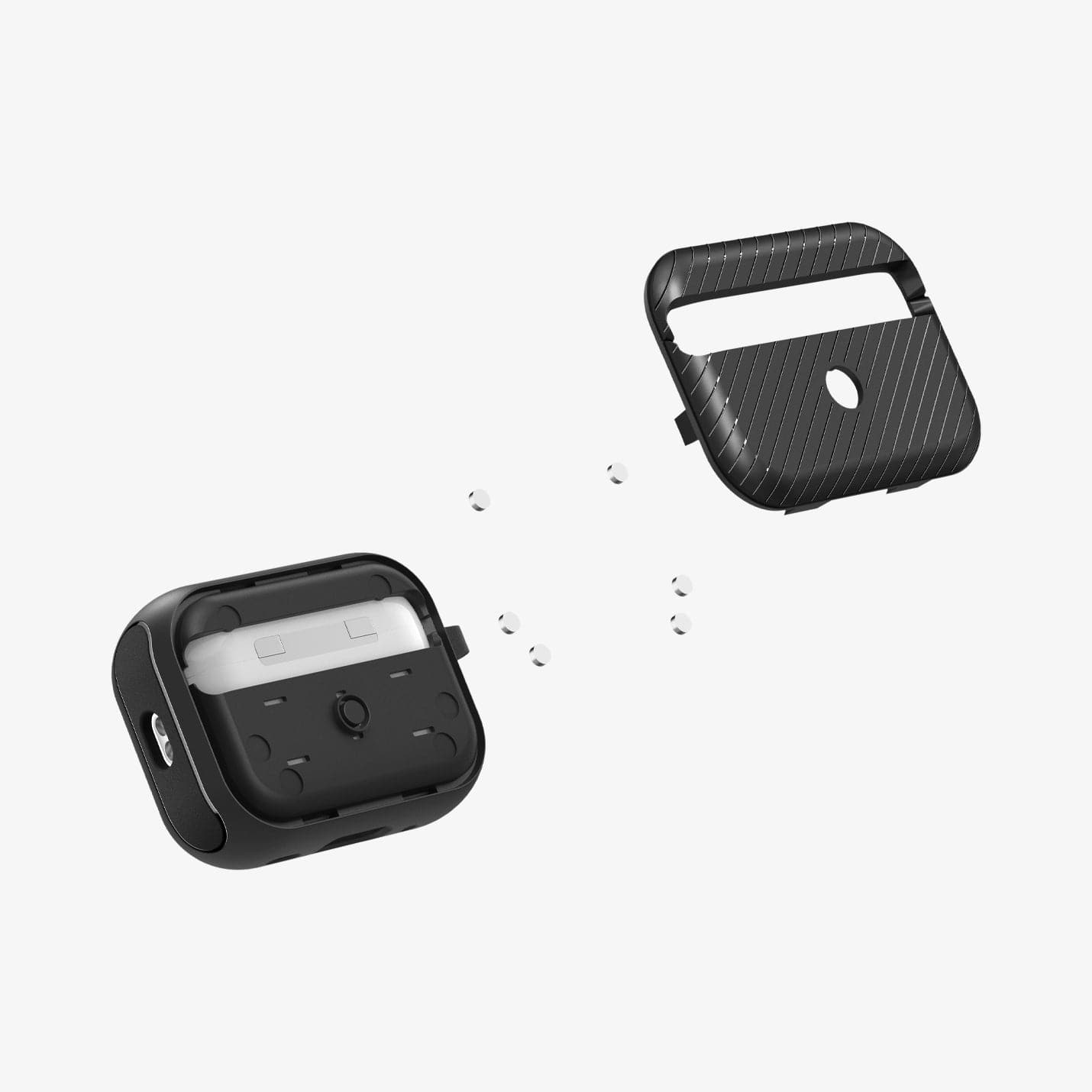 ACS05484 - Apple AirPods Pro 2 Case Mag Armor (MagFit) in matte black showing the magnetic back layer hovering away from case