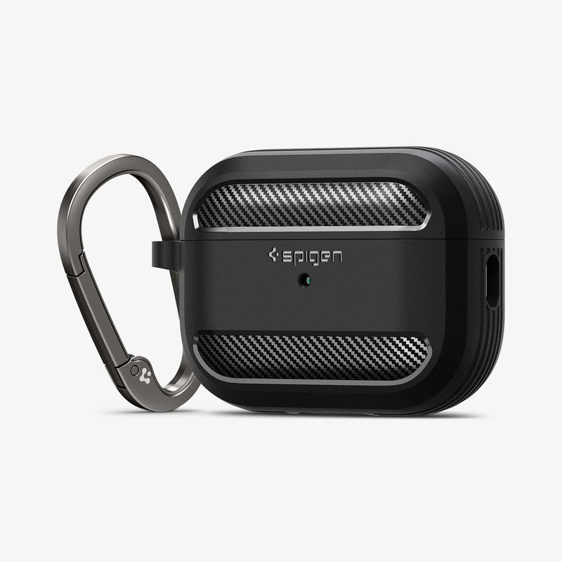 ACS05482 - Apple AirPods Pro 2 Case Rugged Armor in matte black showing the front and side with carabiner
