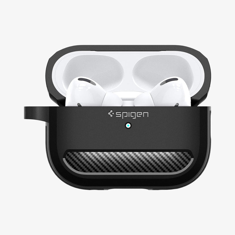 ACS05482 - Apple AirPods Pro 2 Case Rugged Armor in matte black showing the front with top open and AirPods inside