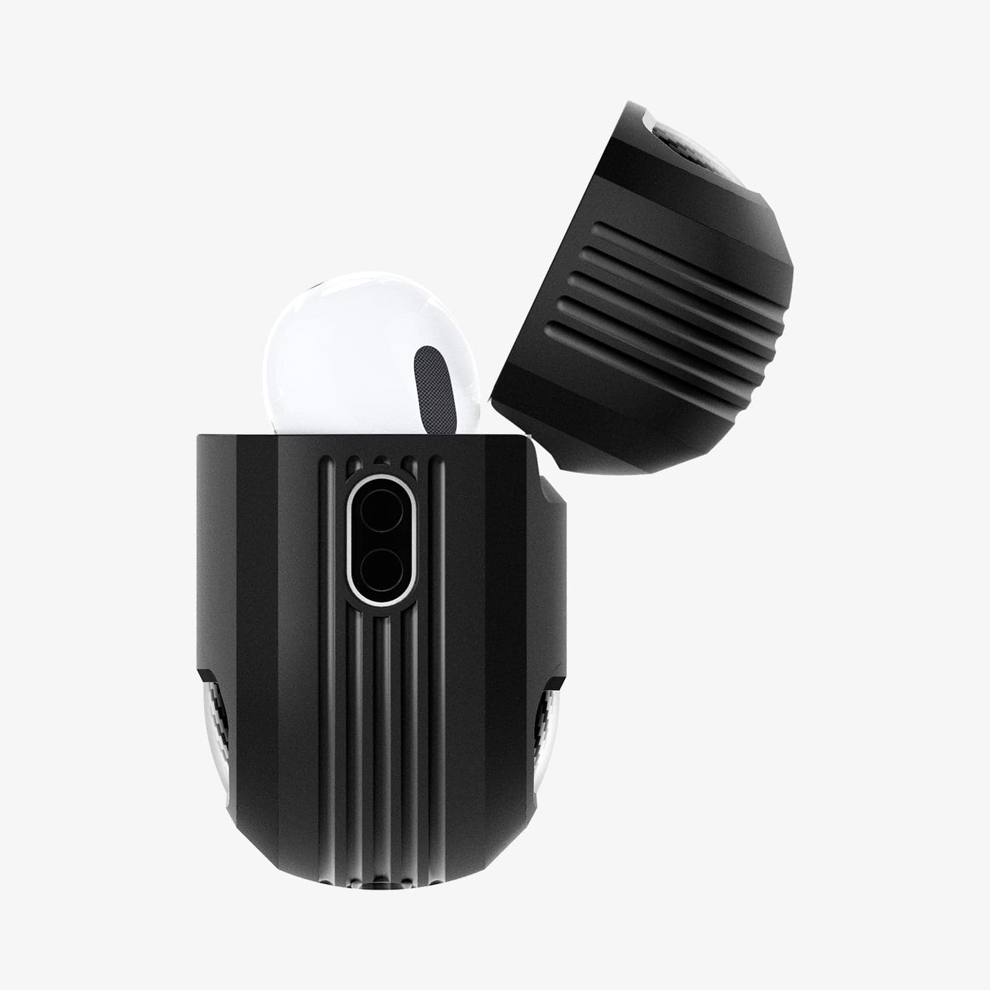 ACS05482 - Apple AirPods Pro 2 Case Rugged Armor in matte black showing the side with top open and AirPods inside