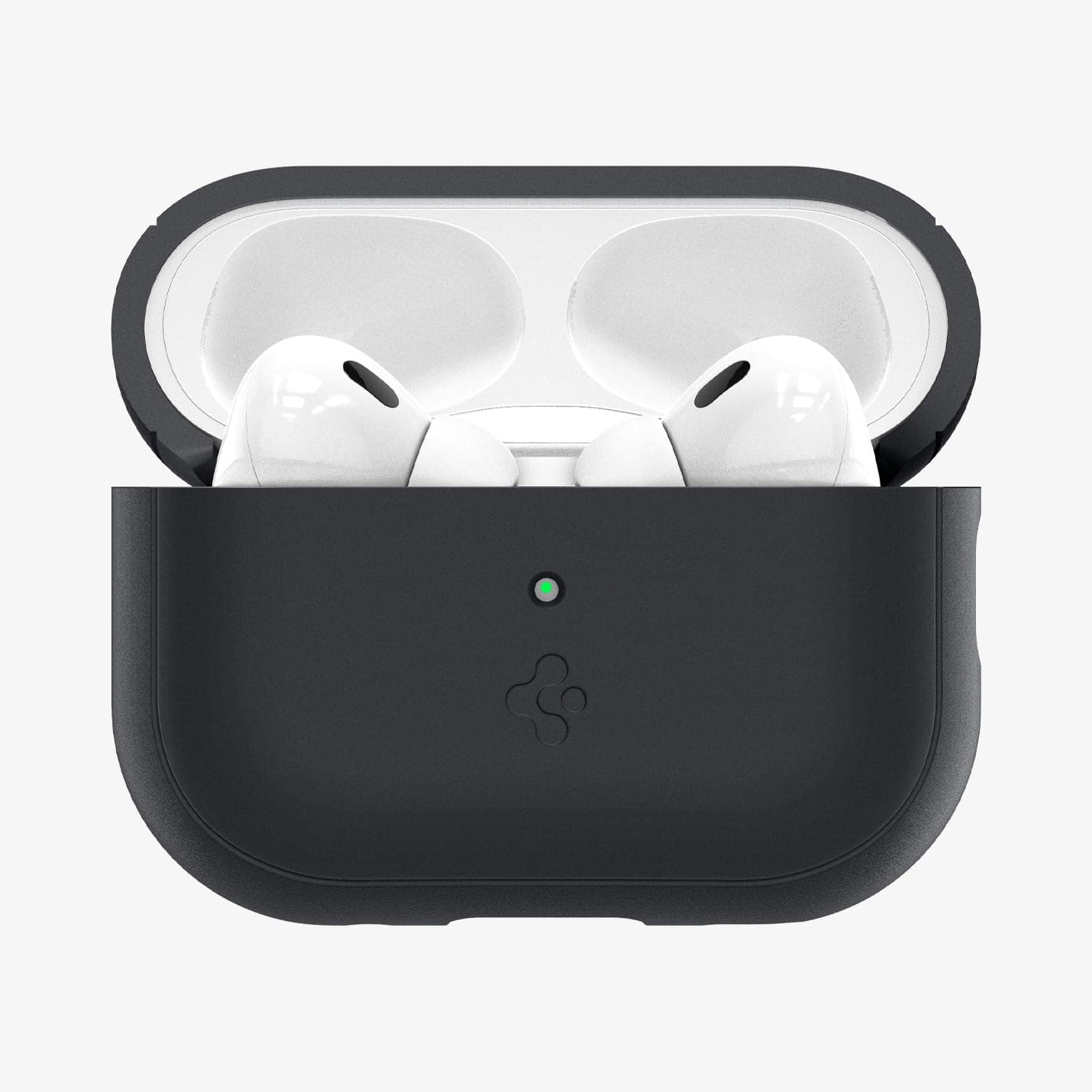 ACS05479 - Apple AirPods Pro 2 Case Silicone Fit + strap in black showing the front with top open and AirPods inside