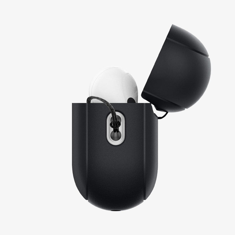 ACS05479 - Apple AirPods Pro 2 Case Silicone Fit + strap in black showing the side with top open and AirPods inside