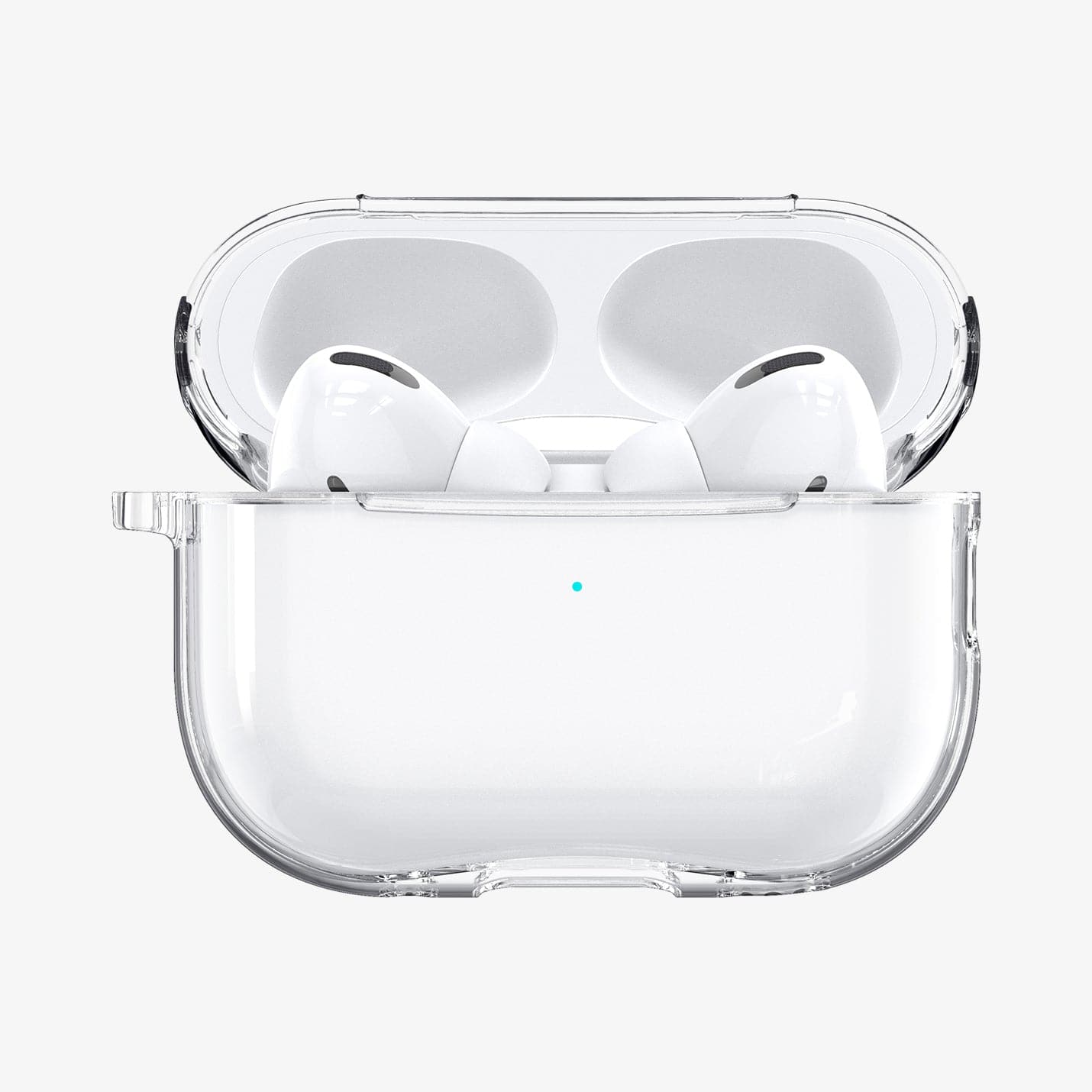 ACS05481 - Apple AirPods Pro 2 Case Ultra Hybrid in crystal clear showing the front with top open and AirPods inside