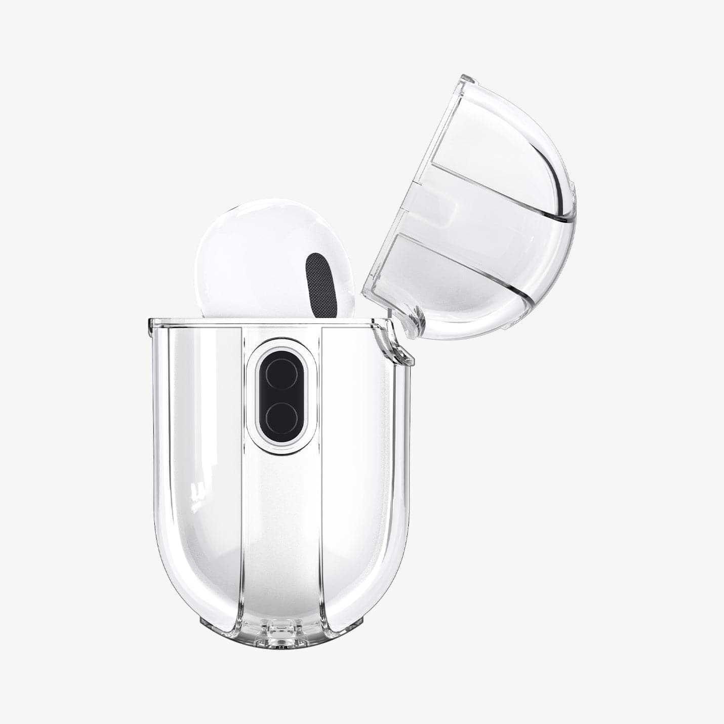ACS05481 - Apple AirPods Pro 2 Case Ultra Hybrid in crystal clear showing the side with top open and AirPods inside
