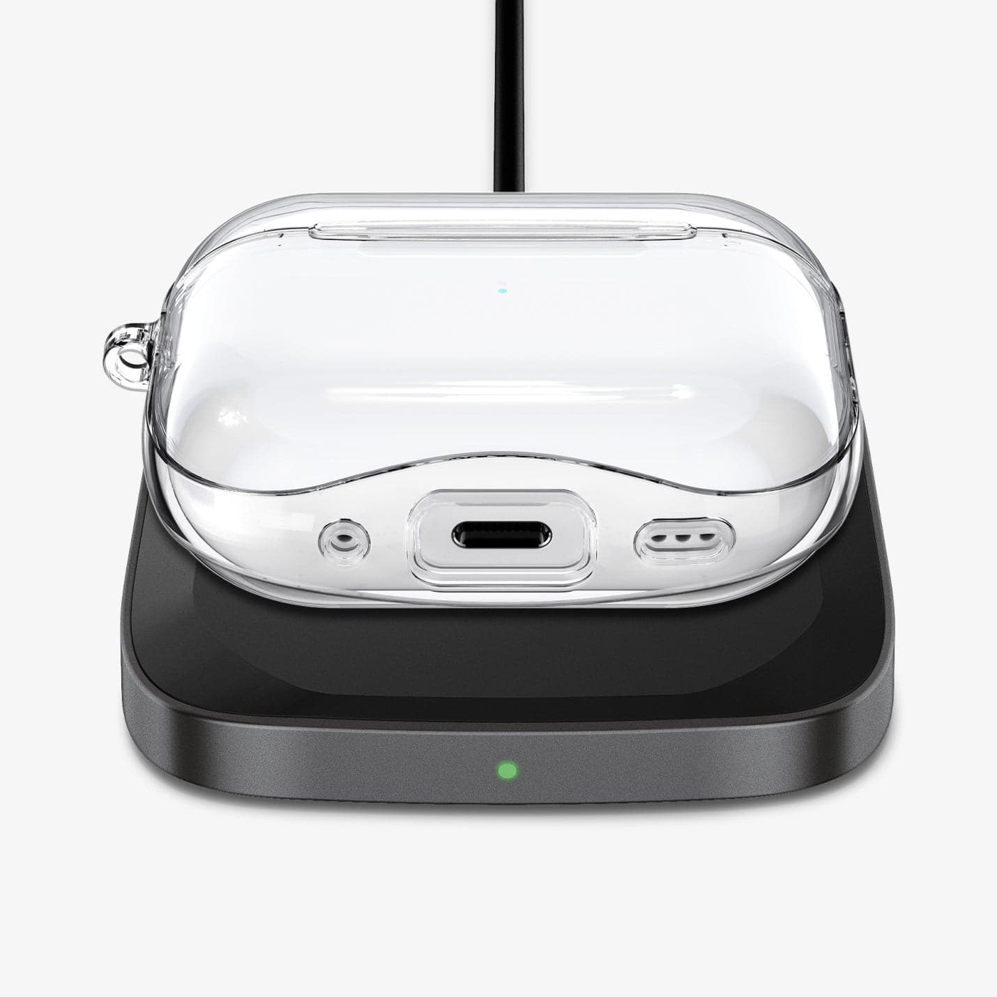 ACS05481 - Apple AirPods Pro 2 Case Ultra Hybrid in crystal clear showing the front and bottom with AirPods on wireless charger