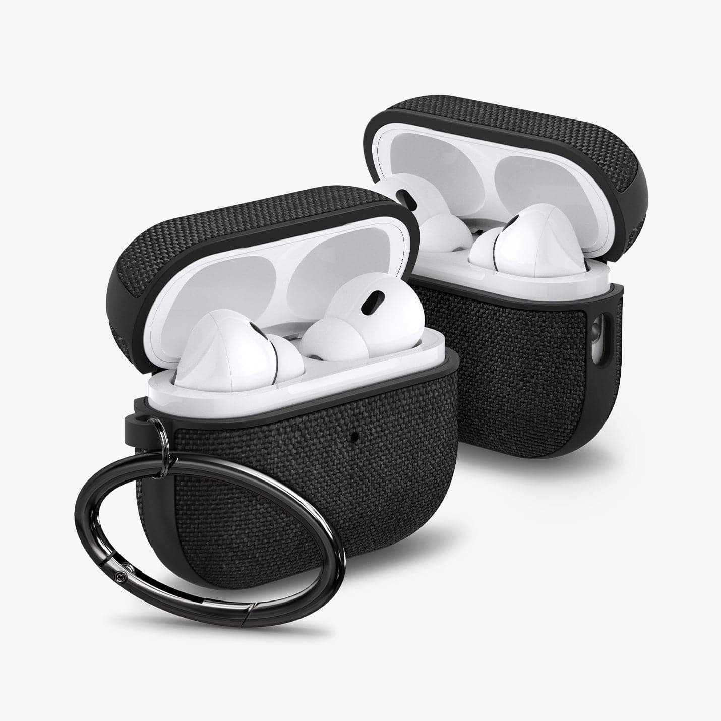 ACS05483 - Apple AirPods Pro 2 Case Urban Fit in black showing the front, sides, carabiner and top open with AirPods inside