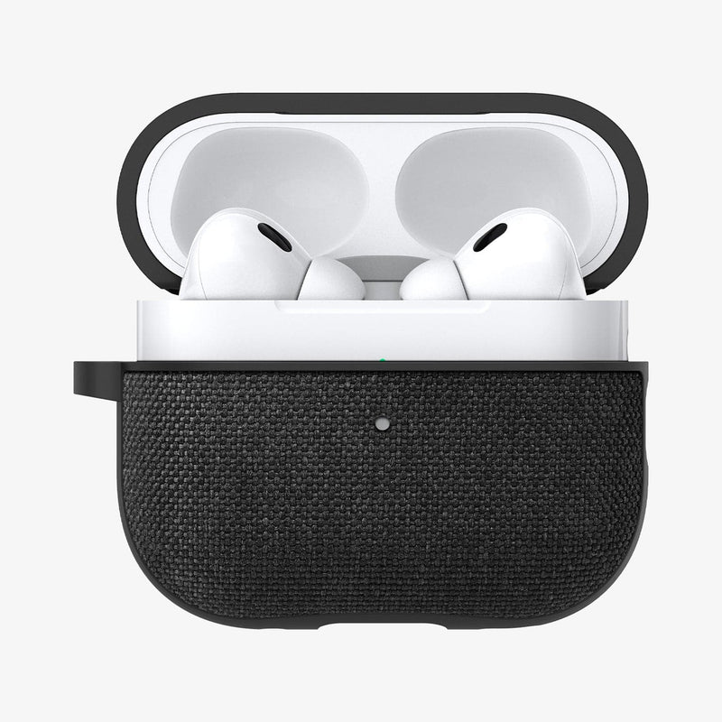 ACS05483 - Apple AirPods Pro 2 Case Urban Fit in black showing the front with top open and AirPods inside