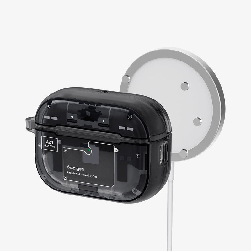 ACS05593 - AirPods Series Ultra Hybrid Zero One (MagFit) Case in zero one showing the front with magsafe charger hovering behind